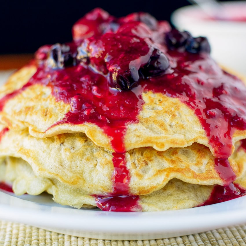 Gluten Free Oatmeal Pancakes with Mixed Berry Compote