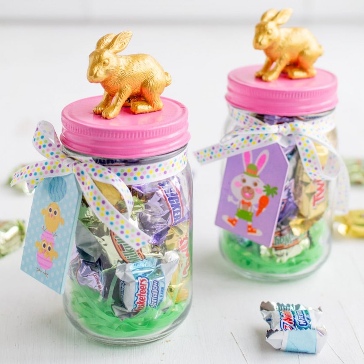 Easter bunny mason jars are a cute, DIY Easter decor idea.