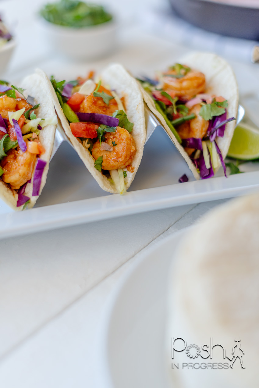Shrimp Tacos Recipe by popular LA lifestyle blog, Posh in Progress: image of shrimp tacos on a white platter. 
