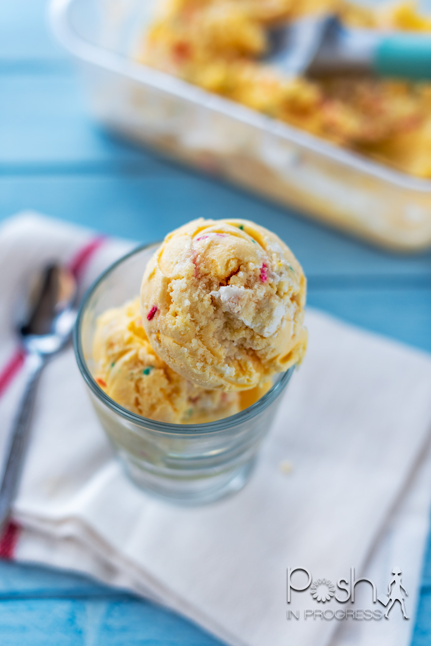 Birthday Cake Ice Cream by popular LA lifestyle blog, Posh in Progress: image of birthday cake ice cream in a glass cup that's resting on a white linen napkin. 